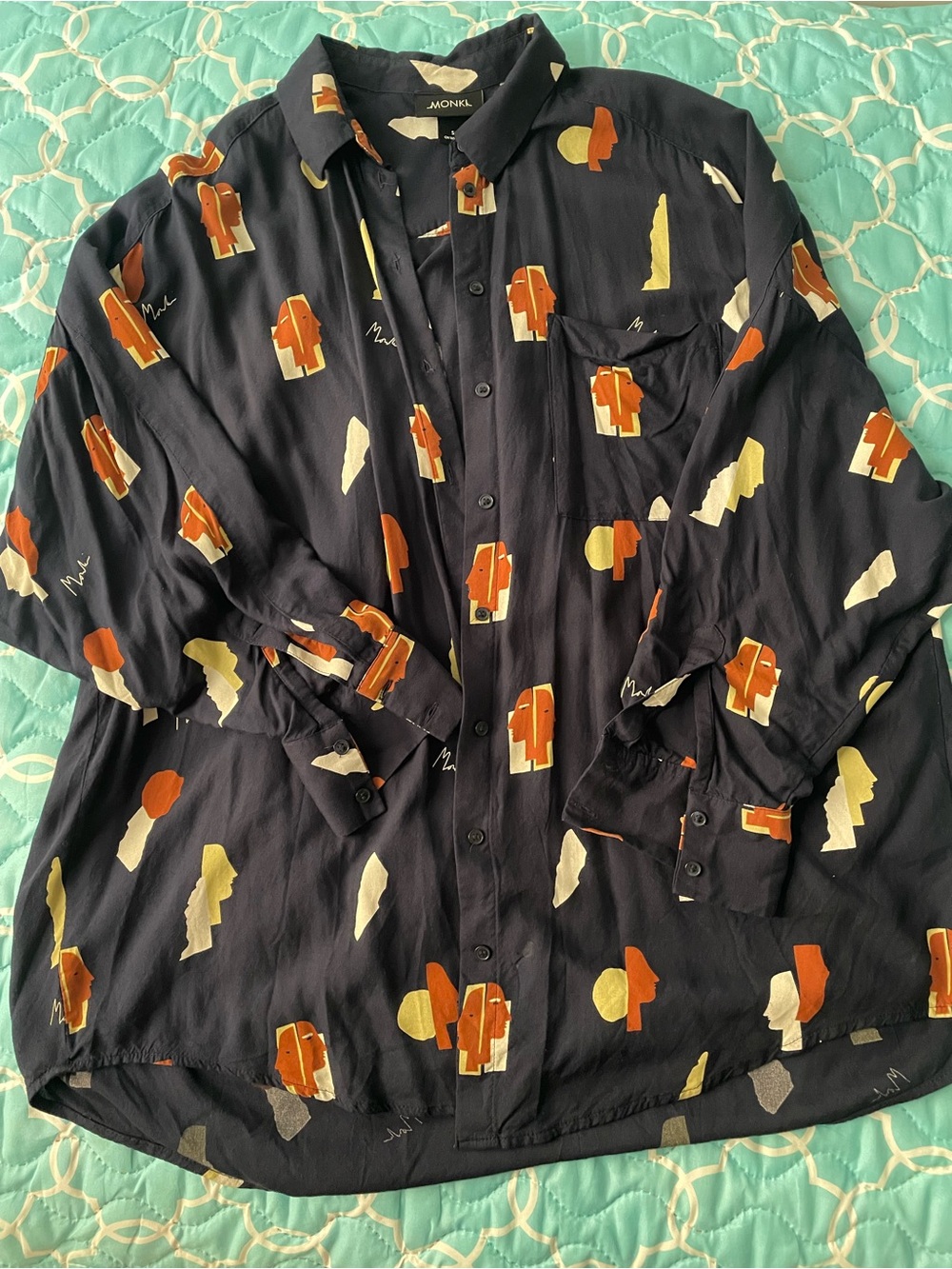 MONKI Navy Printed Long-Sleeve Button-Up Shirt with abstract design.